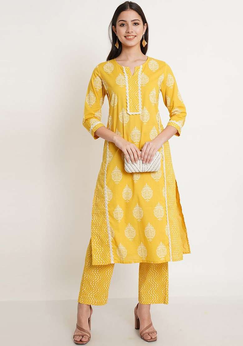Yellow Embroidered Poly Blended Kurta Sets - Indya