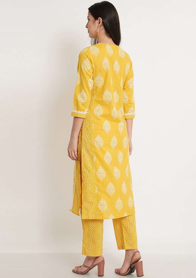 Yellow Embroidered Poly Blended Kurta Sets - Indya