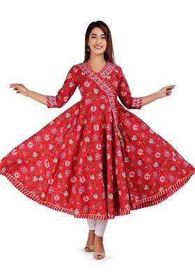 Red Embroidered Poly Blended Kurtas