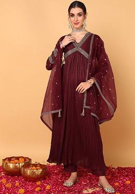 Maroon Embroidered Poly Blended Kurta Sets