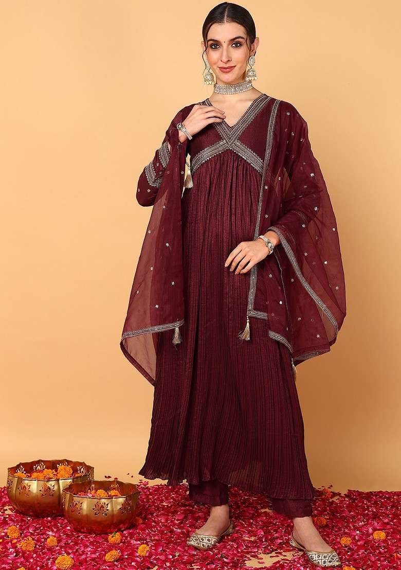 Maroon Embroidered Poly Blended Kurta Sets - Indya