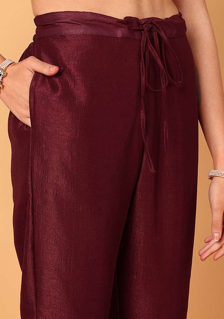 Maroon Embroidered Poly Blended Kurta Sets - Indya