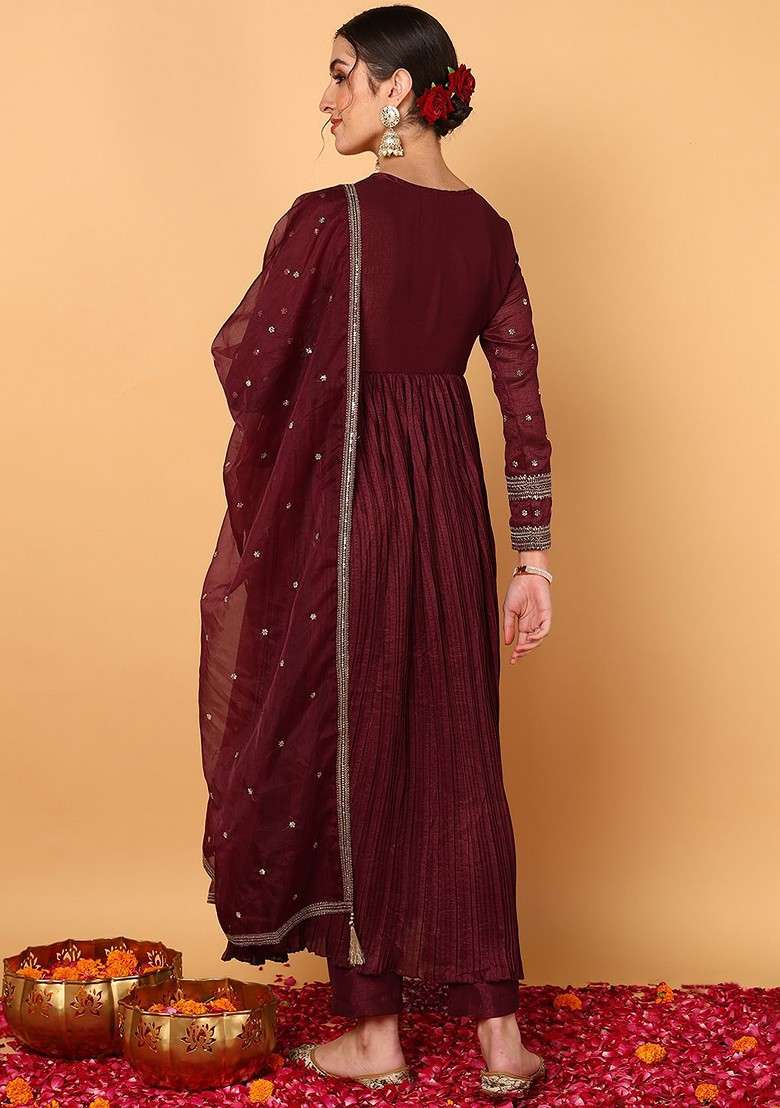 Maroon Embroidered Poly Blended Kurta Sets - Indya