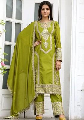 Lime Green Embroidered Poly Blended Kurta Sets