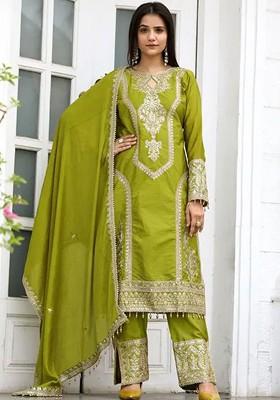 Lime Green Embroidered Poly Blended Kurta Sets