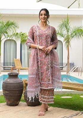 Maroon Embroidered Poly Blended Kurta Sets