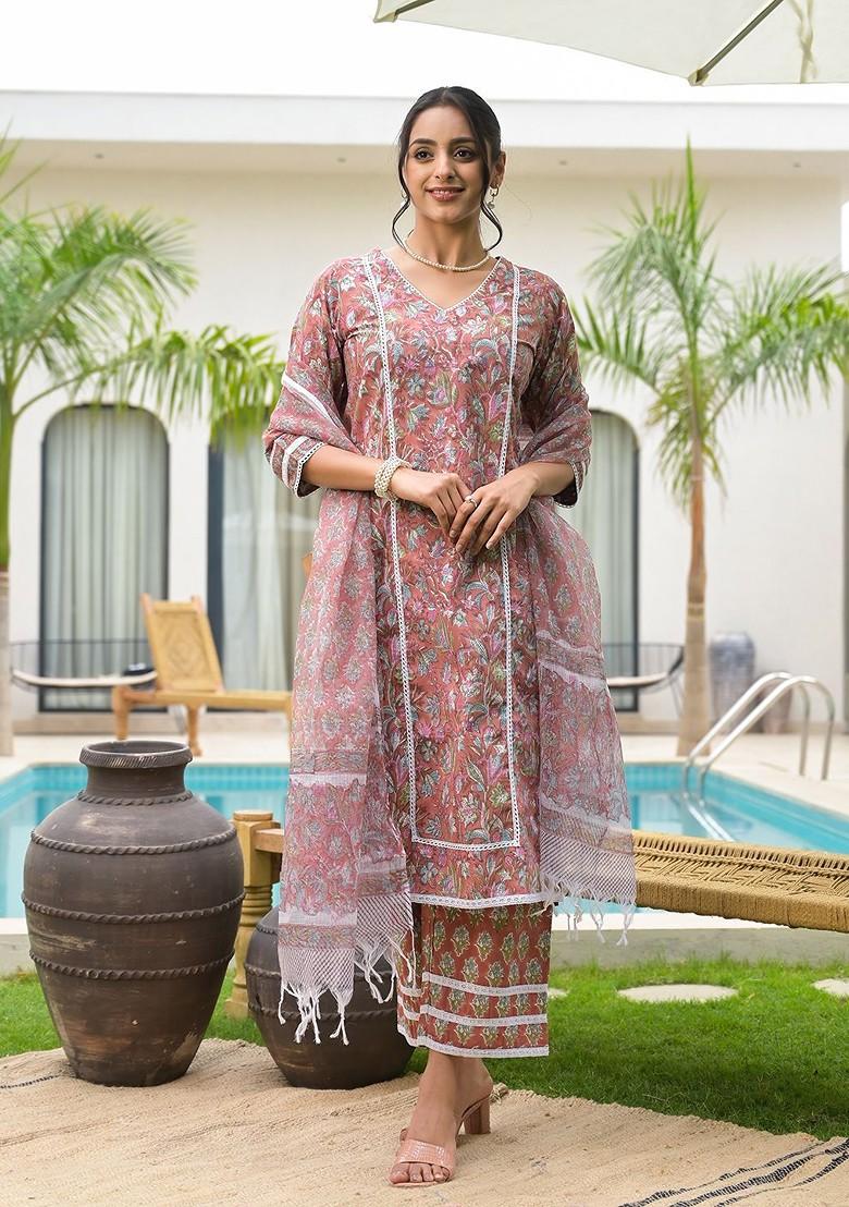 Maroon Embroidered Poly Blended Kurta Sets - Indya