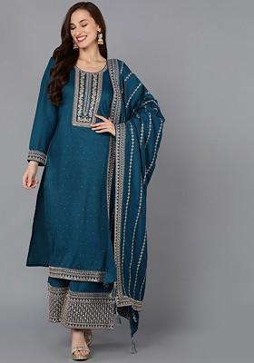 Teal Embroidered Poly Blended Kurta Sets