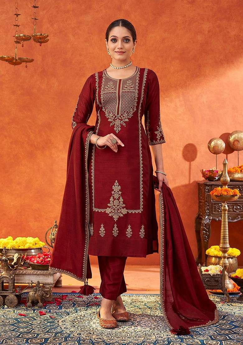 Maroon Embroidered Poly Blended Kurta Sets - Indya