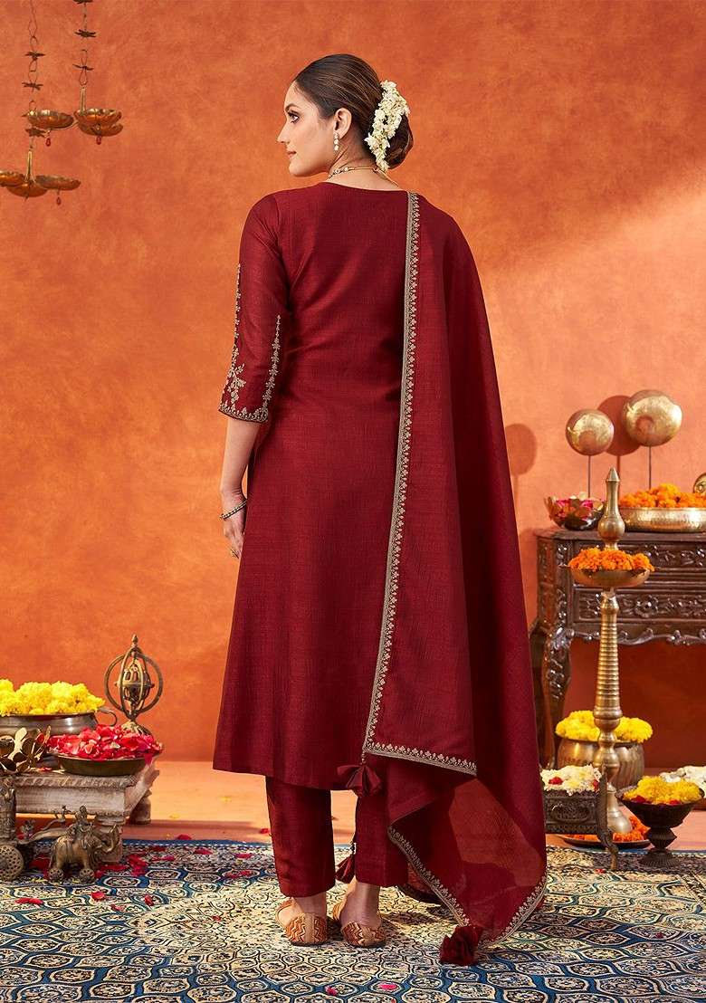 Maroon Embroidered Poly Blended Kurta Sets - Indya