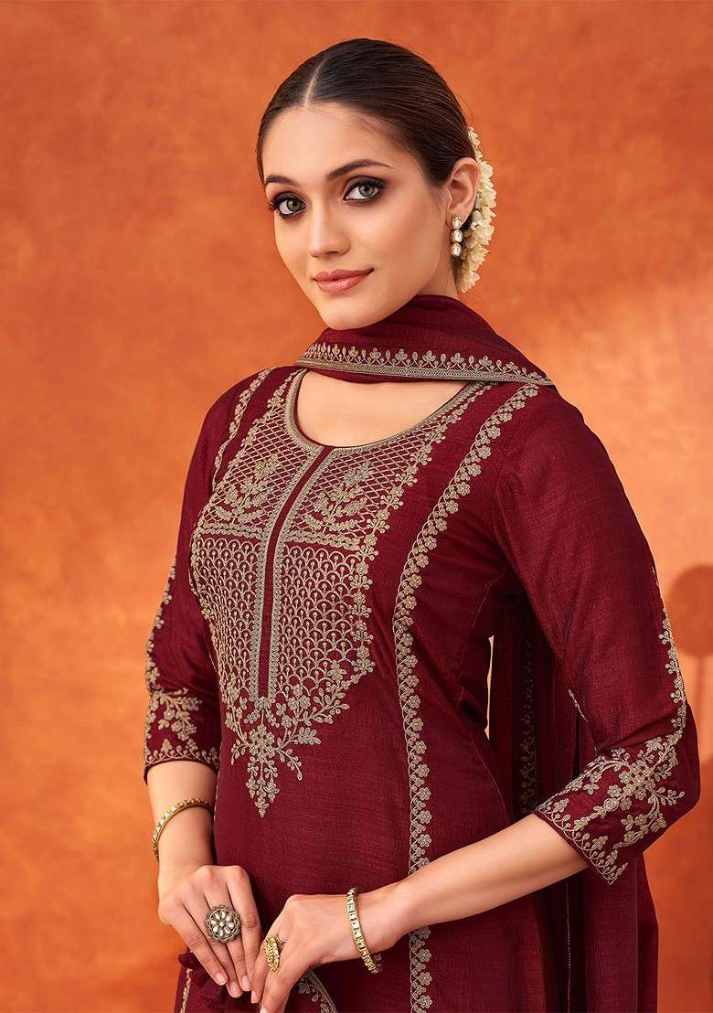 Maroon Embroidered Poly Blended Kurta Sets - Indya