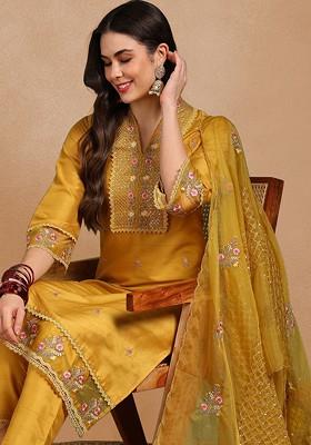 Mustard Embroidered Poly Blended Kurta Sets