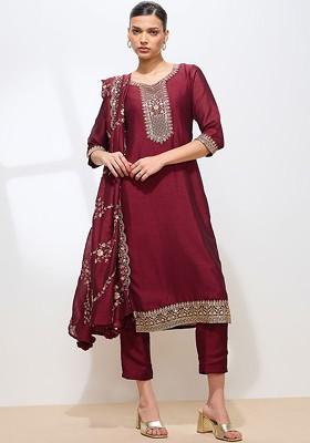 Maroon Embroidered Poly Blended Kurta Sets