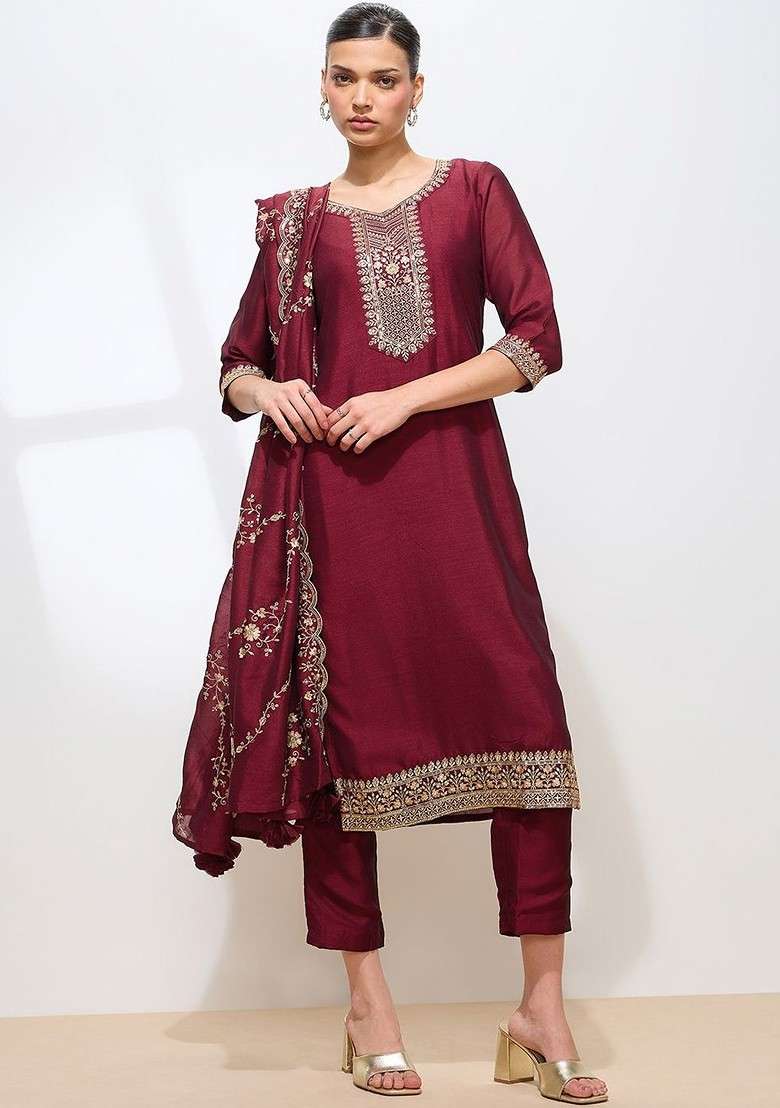 Maroon Embroidered Poly Blended Kurta Sets - Indya