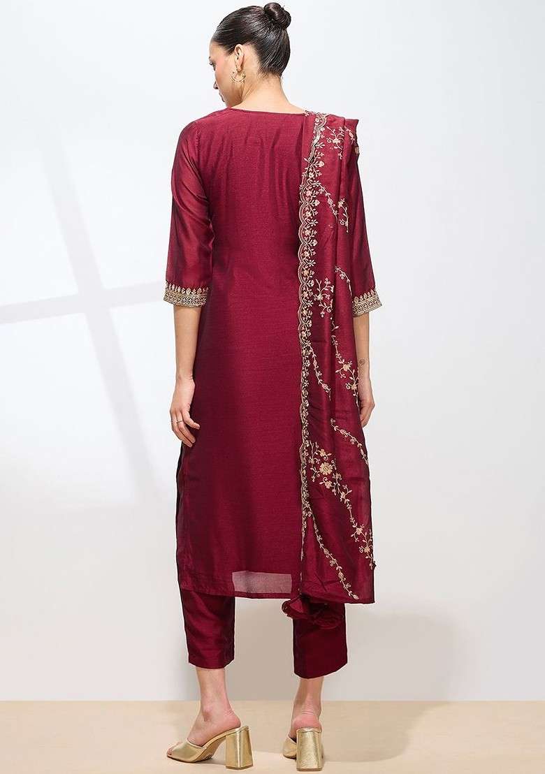 Maroon Embroidered Poly Blended Kurta Sets - Indya