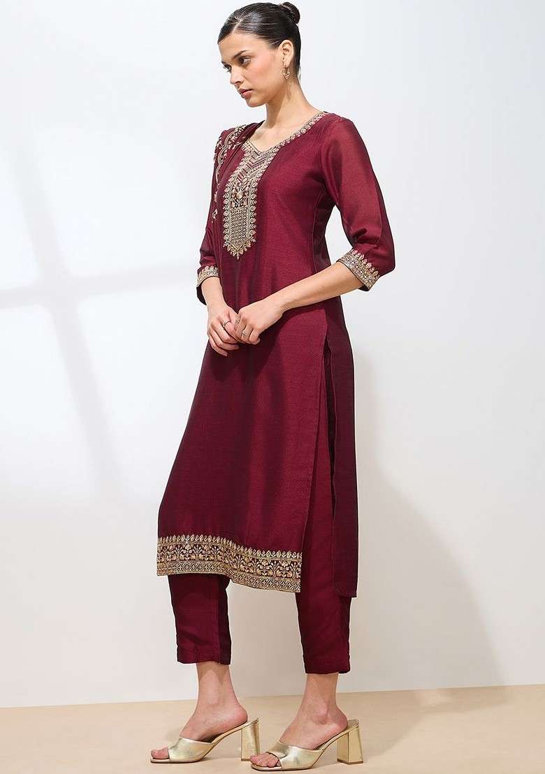 Maroon Embroidered Poly Blended Kurta Sets - Indya