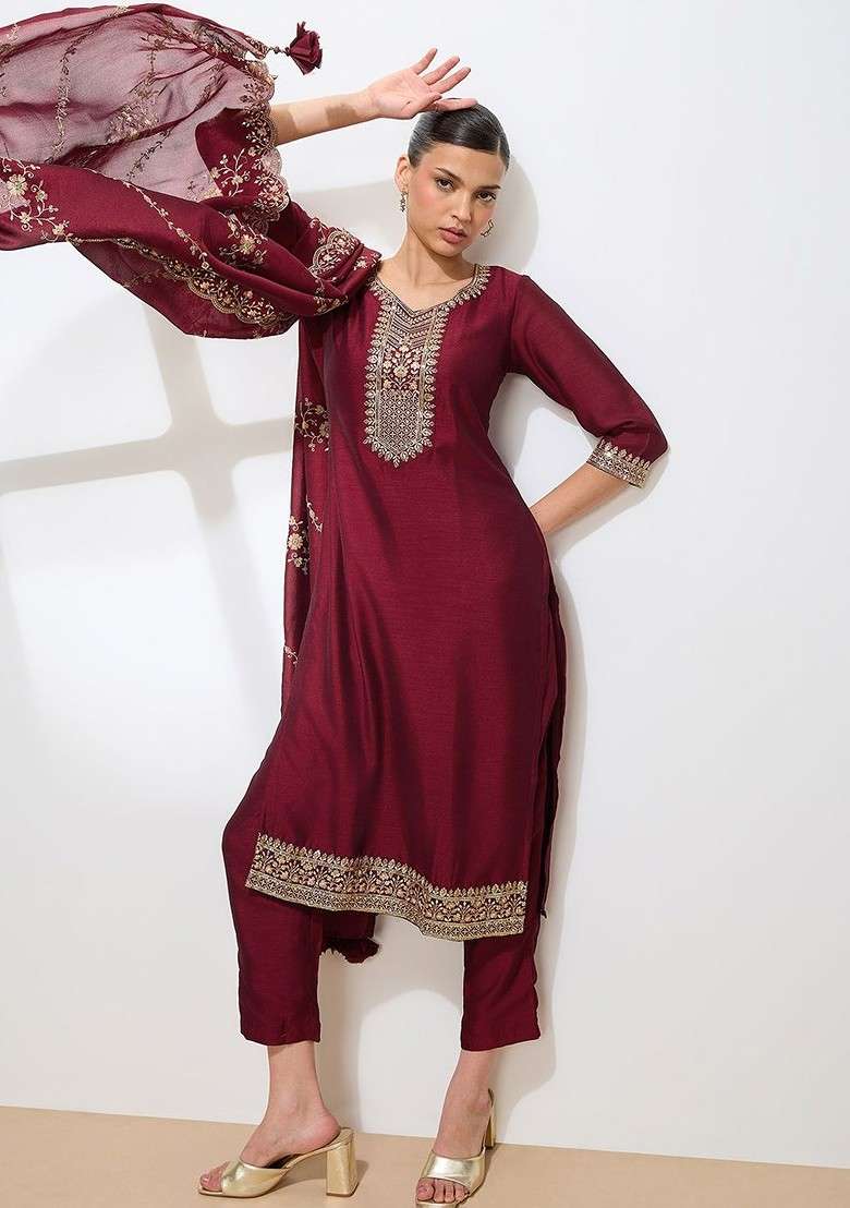 Maroon Embroidered Poly Blended Kurta Sets - Indya