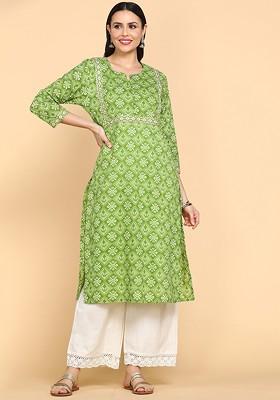 Green Embroidered Poly Blended Kurtas