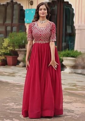 Pink Embroidered Poly Blended Kurtas