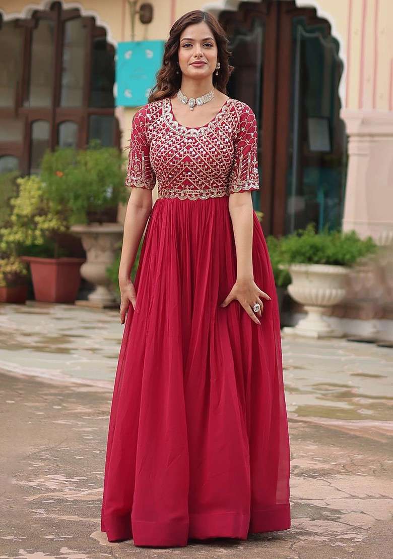 Pink Embroidered Poly Blended Kurtas - Indya