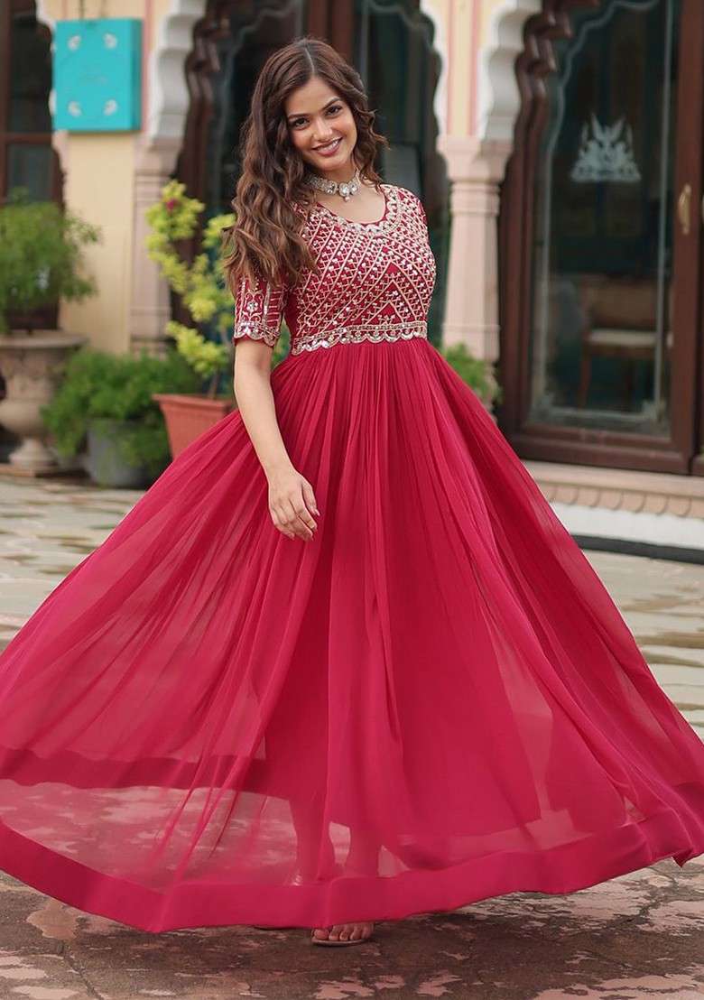 Pink Embroidered Poly Blended Kurtas - Indya