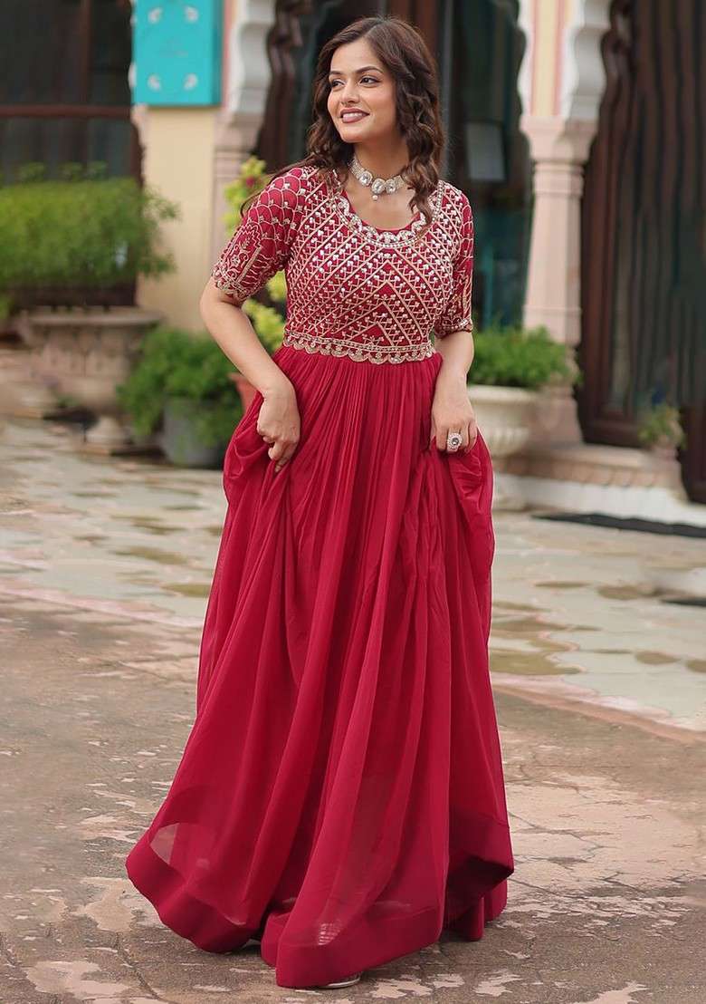 Pink Embroidered Poly Blended Kurtas - Indya