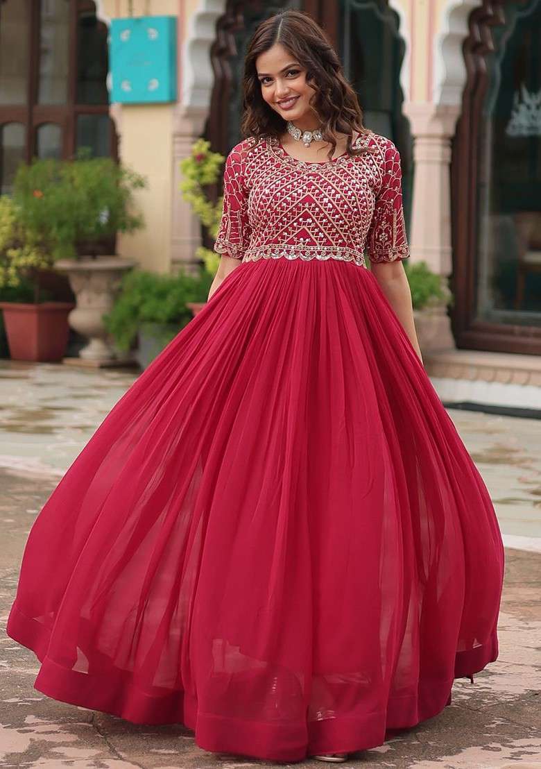 Pink Embroidered Poly Blended Kurtas - Indya
