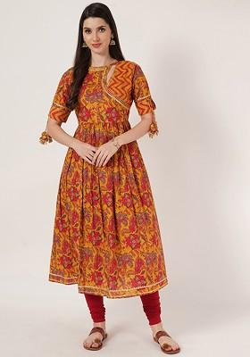Yellow Embroidered Poly Blended Kurtas