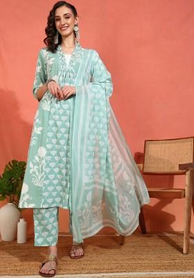 Sea Green Embroidered Poly Blended Kurta Sets