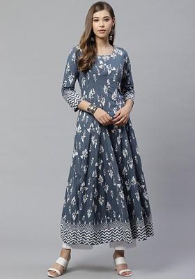 Grey Embroidered Poly Blended Kurtas