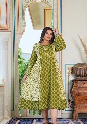 Green Embroidered Poly Blended Kurtas