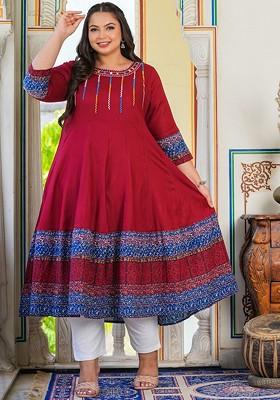 Maroon Embroidered Poly Blended Kurtas