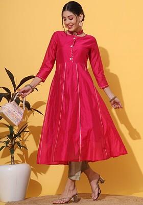 Magenta Embroidered Poly Blended Kurtas