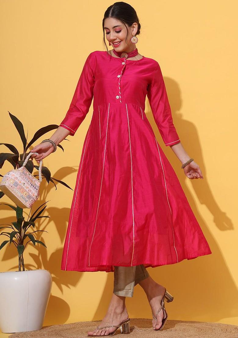 Magenta Embroidered Poly Blended Kurtas - Indya