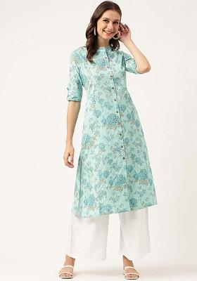 Sea Green Embroidered Poly Blended Kurtas