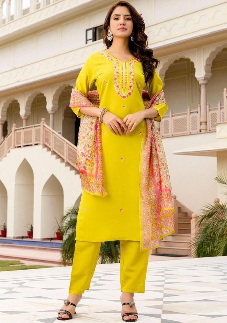 Lime Green Embroidered Poly Blended Kurta Sets - Indya