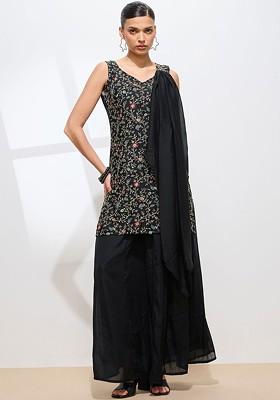 Black Embroidered Poly Blended Kurta Sets