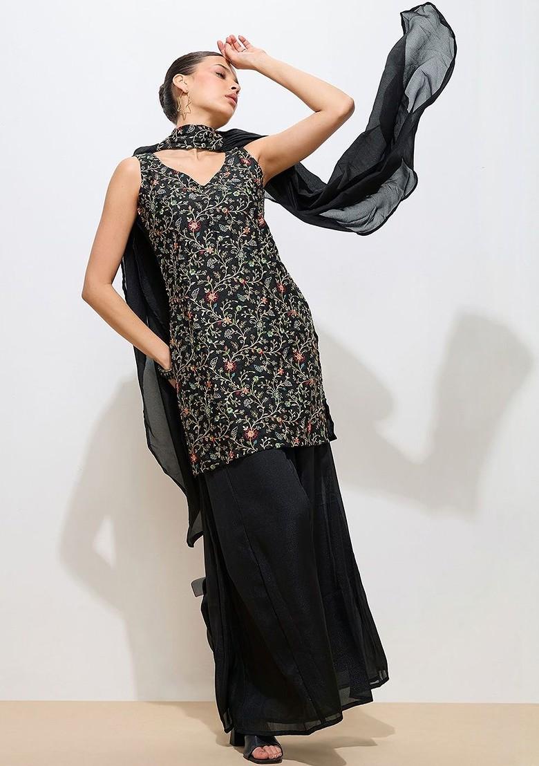 Black Embroidered Poly Blended Kurta Sets - Indya