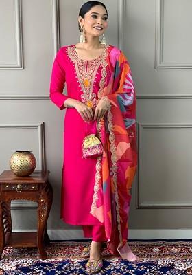 Fuchsia Embroidered Poly Blended Kurta Sets