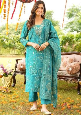 Turquoise Blue Embroidered Poly Blended Kurta Sets