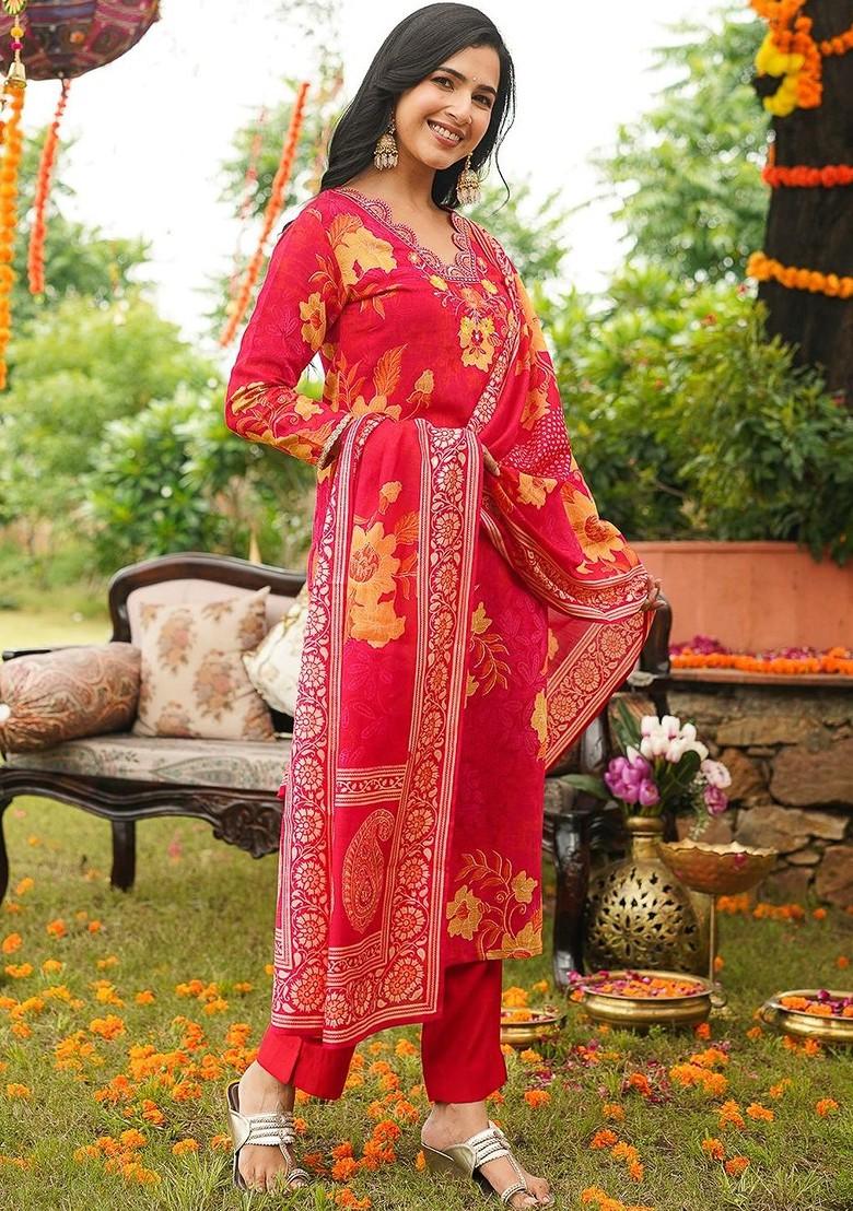 Red Embroidered Poly Blended Kurta Sets