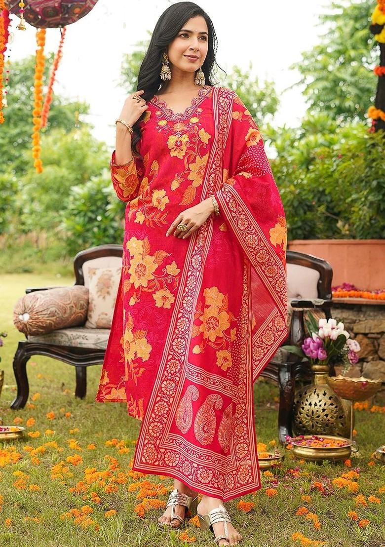 Red Embroidered Poly Blended Kurta Sets