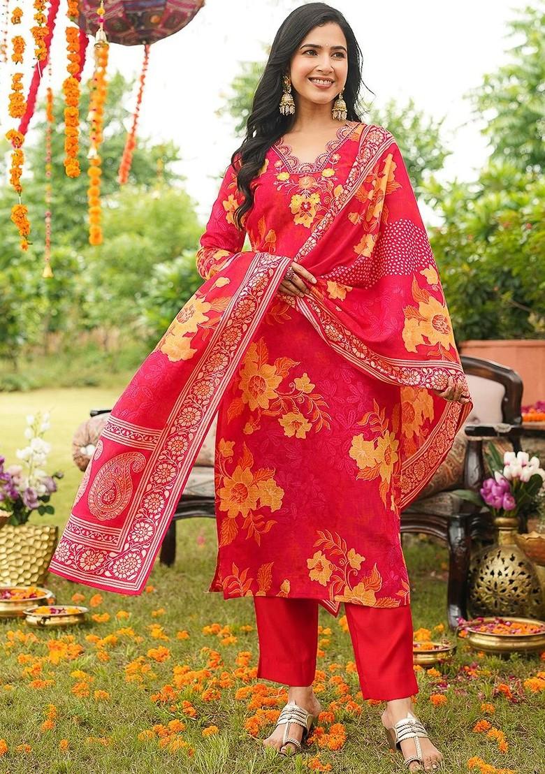 Red Embroidered Poly Blended Kurta Sets