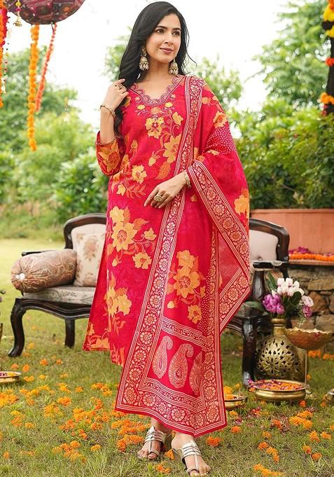 Red Embroidered Poly Blended Kurta Sets