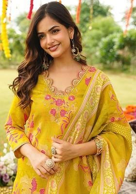 Yellow Embroidered Poly Blended Kurta Sets