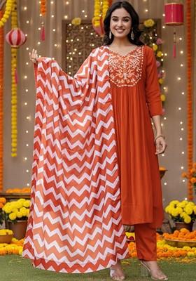 Orange Embroidered Poly Blended Kurta Sets