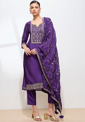Purple Embroidered Poly Blended Kurta Sets