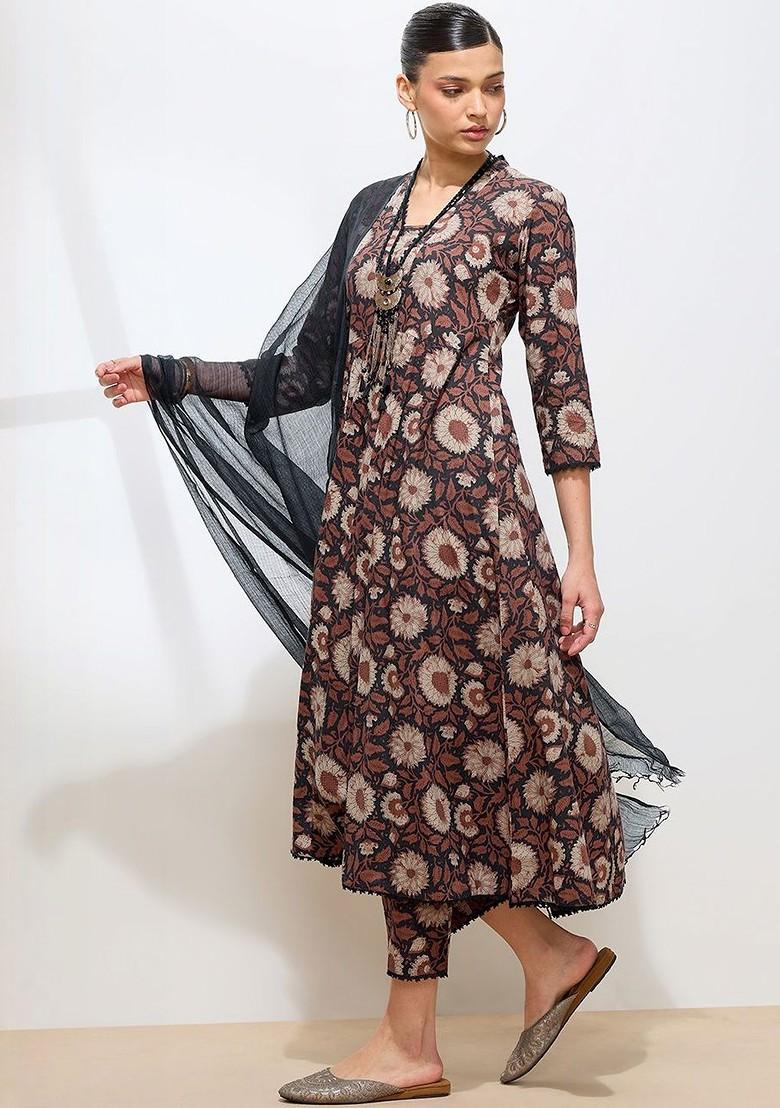 Brown Embroidered Poly Blended Kurta Sets - Indya