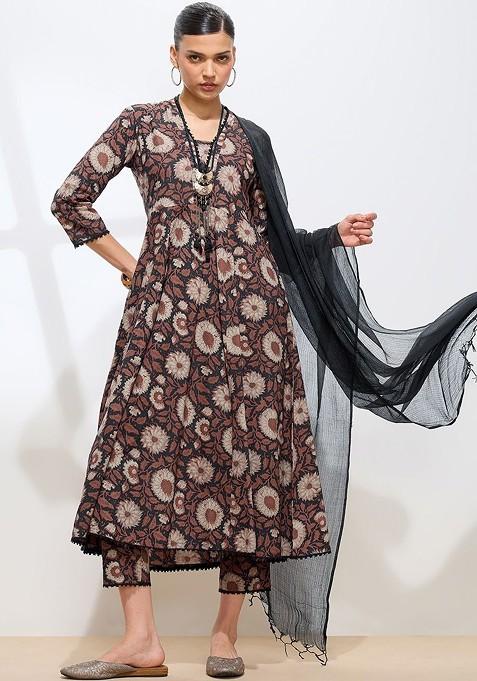 Brown Embroidered Poly Blended Kurta Sets
