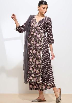 Brown Embroidered Poly Blended Kurta Sets